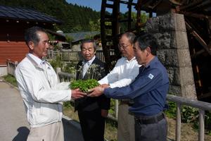 山田さんからエチゼンダイモンジソウを手渡される中川会長と竹田水車運営協議会の廣瀬哲夫会長