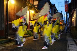 帯の幅ほどの狭い路地を、踊りながら練り歩く参加者たち