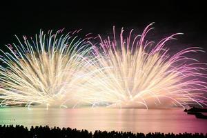 夏の夜空と水面をカクテル色に染めた水中花火