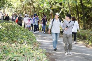 木漏れ日が差しこむ緑の中を、軽快に歩く