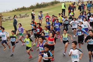 一斉に勢いよくスタートを切る小学生ランナー