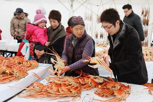 「重たいカニは実が詰まってるんや」とカニの選び方を教わる来場者