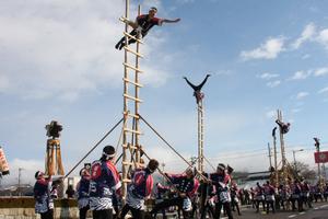 高さ約6mのはしごを使い「ソイッ、ヤッ」の掛け声に合わせた演技で、火消しの心意気を示す