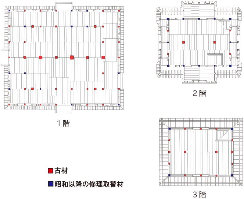 丸岡城天守柱_色分け