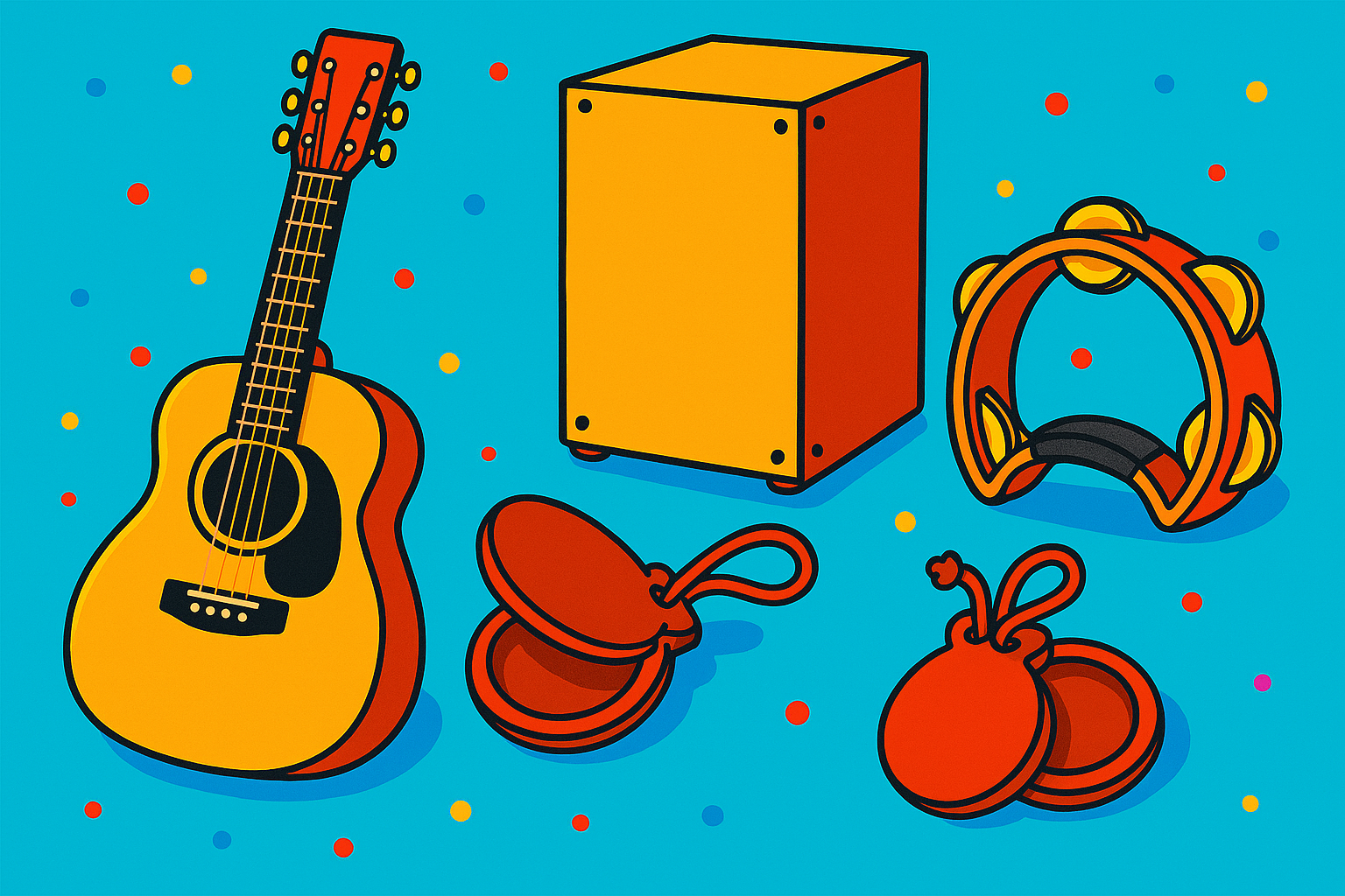 アコースティックギター、カホン、カスタネットなどのイラスト